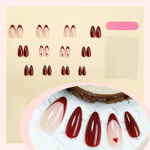 French wine red press-on nails set with almond shape, solid color, and heart patterns