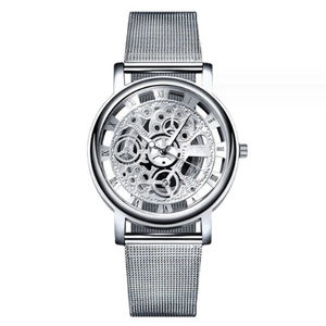 Fashionable hollow skeleton quartz watch for men with silver mesh band and Roman numerals