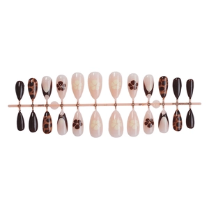 Leopard print almond fake nails with brown floral and French designs, 24-piece set