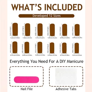 Guide des tailles de faux ongles marron mat comprenant 24 pièces et 12 dimensions