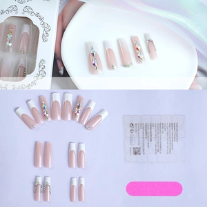 French tip press-on nails set with colorful rhinestones and 24pc adhesive kit