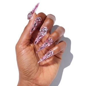 Pink Long Stiletto Press On Nails With Shiny Rhinestones Sparkly Fake Nails For Women Manicure Art Decoration