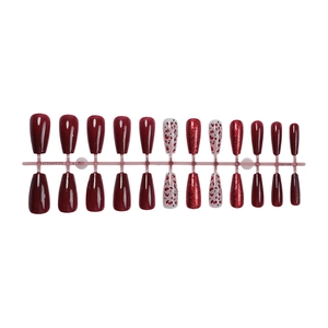 Burgundy French cat-eye press-on nails set with leopard print and glitter in coffin shape