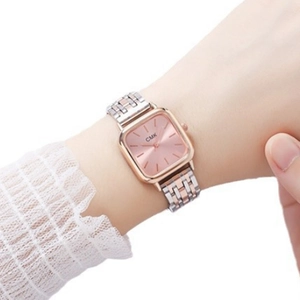 Elegant women's square wristwatch with rose gold casing and two-tone metal strap