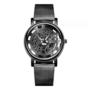 Sleek all-black hollow skeleton dial watch with Roman numerals and metal mesh strap