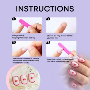 Detailed four-step application guide for red heart French press-on nails with nail file