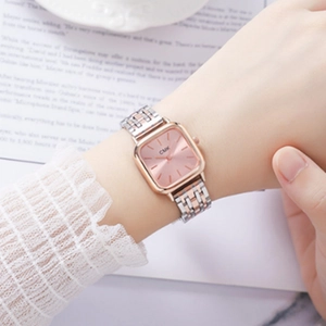 Elegant women's square rose gold quartz watch with pink dial and two-tone steel band