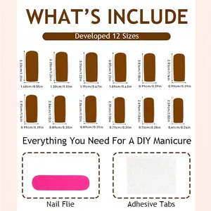 Caramel leopard print French press-on nails set with size chart and adhesive kit
