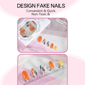 Handmade press-on nail set featuring solid colors and leaf patterns in a display box