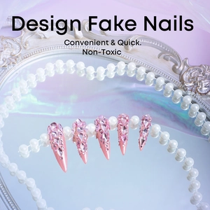 Pink rhinestone encrusted long almond press-on nails set with decorative white pearls