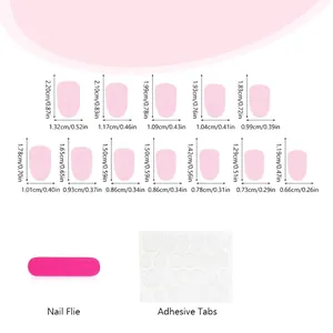 Sizing guide for 24pcs minimalist leaf pattern press-on nails with 12 sizes and tools