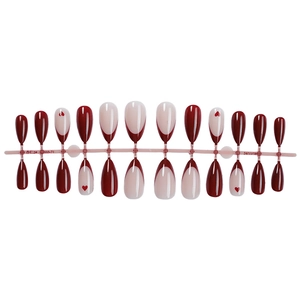 French wine red and white almond press-on nails with heart patterns, 24-piece nail set