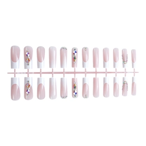 Luxurious long coffin press-on nails with French tips and sparkling rhinestones