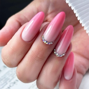 Press On Nails Ombre Pink White Gradient Rhinestone Oval Almond Shape Glossy Artificial Fingernails Manicure Tool