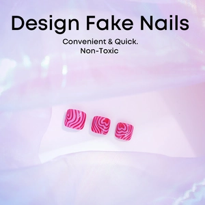 Pink and red heart wave design press-on toenails with glossy finish on laser background