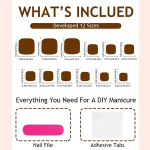 Size chart for 12 sizes of luxury black gold press-on toenails with DIY tool kit
