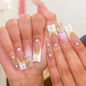 Handmade Press On Nails Long Coffin White French Tip Nude Pink 3D Metal Cross Butterfly Artificial Pearl Rhinestone Luxury Fake Nails
