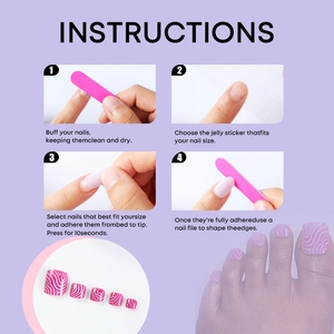 Instructional guide for pink heart patterned press-on toe nails with application kit
