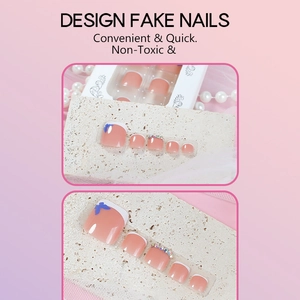 French tip press-on toenails with blue butterfly and rhinestone accents in packaging