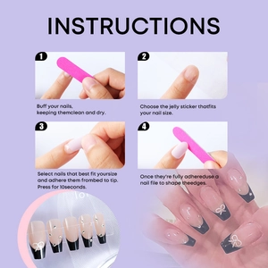 Detail showing 4-step guide for applying black French press-on nails with bow accents