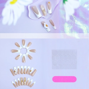 Unghie finte French lunghe fatte a mano con fiori 3D bianchi e kit per unghie