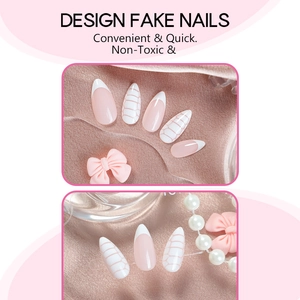 French tip almond fake nails with pink and white crocodile pattern on satin background
