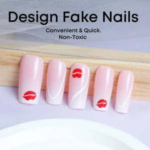 Pink gradient rectangle press-on nails with white French stripes and red lip patterns