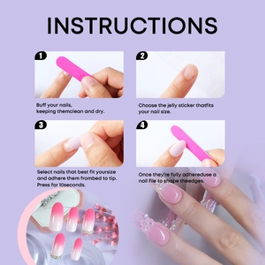 Macro view of pink gradient press-on nails with bow charm and step-by-step guide