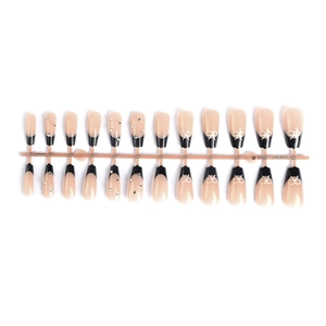 French black tip press-on nails with white bows and sparkling rhinestones 24pcs set