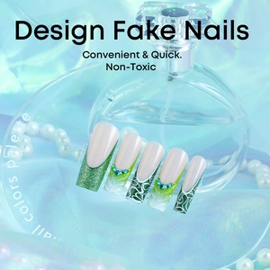 Green glitter 3D French press-on nails with luxury marble pattern and blue rhinestones