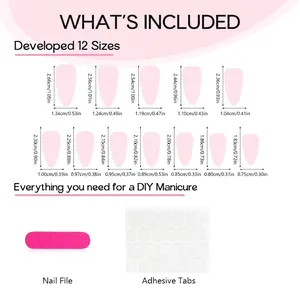 Size chart for French almond press-on nails with tortoise shell pattern and tools