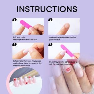 Macro detail of pink french press-on nails with red lip print and instruction steps