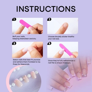 Tutorial showing application of pink French press-on nails with pearl flower accents