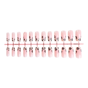 24 faux ongles carrés French leopard print avec base rose brillante sur support