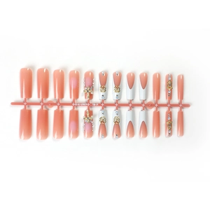 Handmade long French white tips press-on nails with luxury metal 3D charms and rhinestones