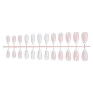 French almond press-on nails with pink marble texture and white gradient finish