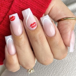 Long Coffin Press On Nails Pink Gradient French White Stripes Red Lip Print Glossy False Nails For Women