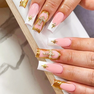 French Tip Press On Nails Long Coffin Pink White With Gold Dimensional Cross And Rhinestone Star Design DIY Manicure