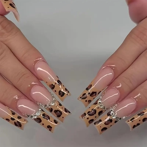 Long Coffin Press On Nails Leopard Print French Design Pink Fake Nails With Rhinestone Decor Fashion Manicure For Women