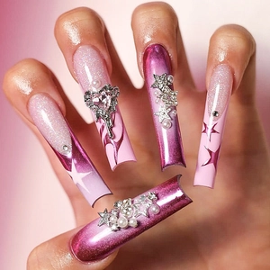 Press On Nails Long Coffin Shape Pink Purple Gradient Y2K Style 3D Star Heart Rhinestone Artificial Pearl Removable Fake Nails