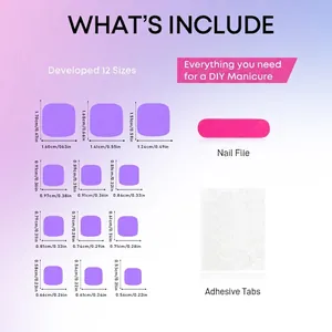 Pink and white gradient press-on nail set for hands and feet with size chart and tool kit