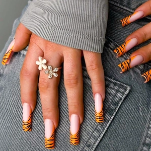 French Style Black Leopard Print Long Square Press On Nails Tiger Stripe False Nails For Women Daily Nail Art Decor