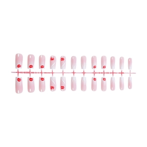 Pink and white gradient long square press-on nails with red lip prints and white stripes
