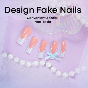 Extra long square press-on nails with French tip, pearls and blue bow accents
