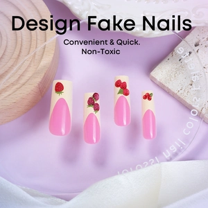 French tip press-on nails featuring sweet strawberry patterns and pink color blocking
