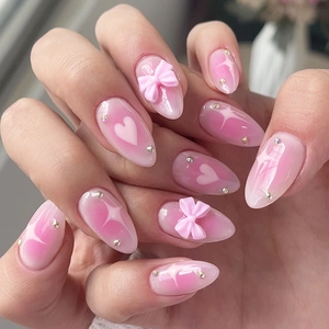 Pink White Ombre Press On Nails Almond Shape Long Artificial Nails With 3D Bow Hearts And Rhinestones French Style For Women