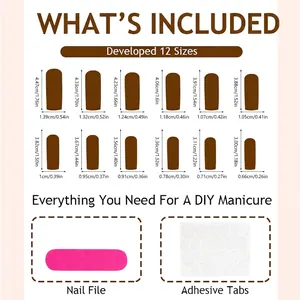 Size chart for brown extra long coffin press-on nails with 12 sizes and accessories