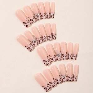 French leopard print press-on nails in long coffin shape with rhinestones 24pcs set