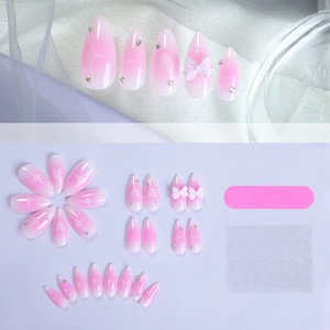 Pink gradient almond press-on nails with 3D bows, hearts and rhinestones manicure set