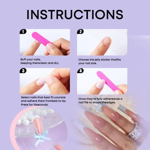 Detail showing nail file and adhesive tabs with long pink French pearl bow press-on nails